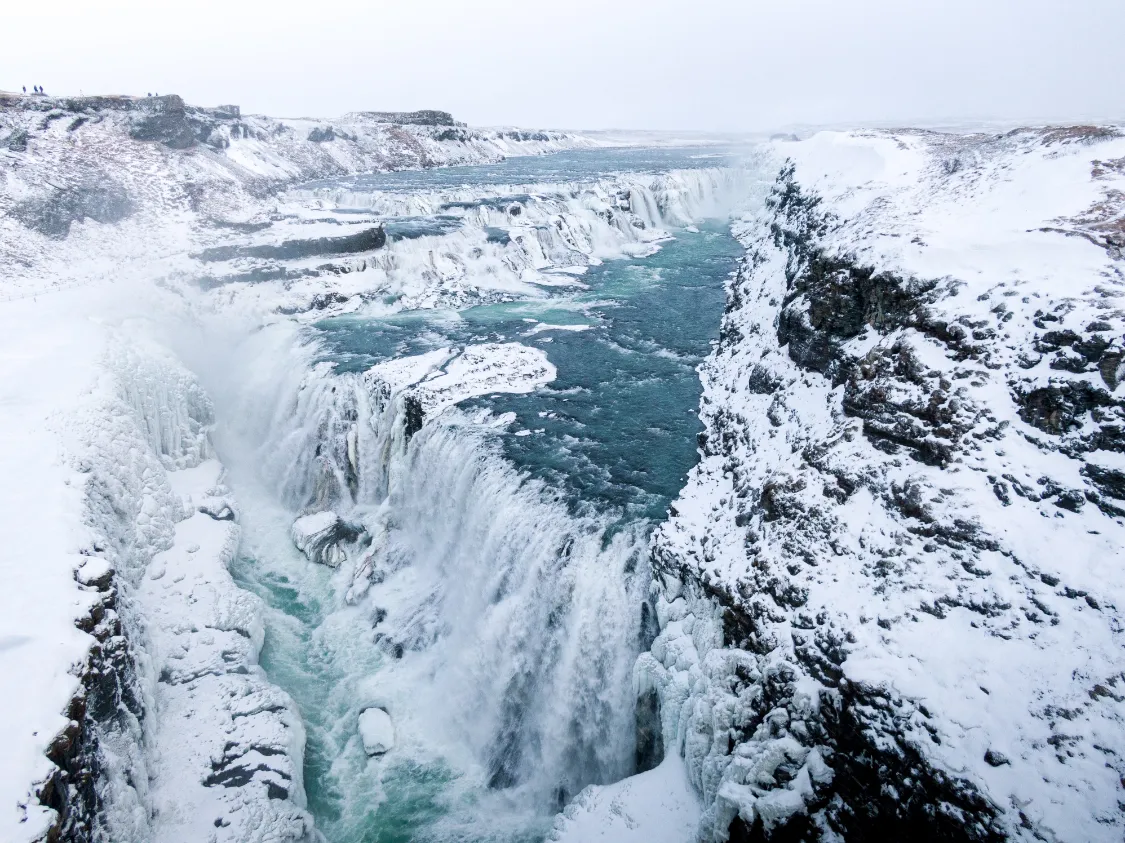 above view of gullfoss in the icy wintertime